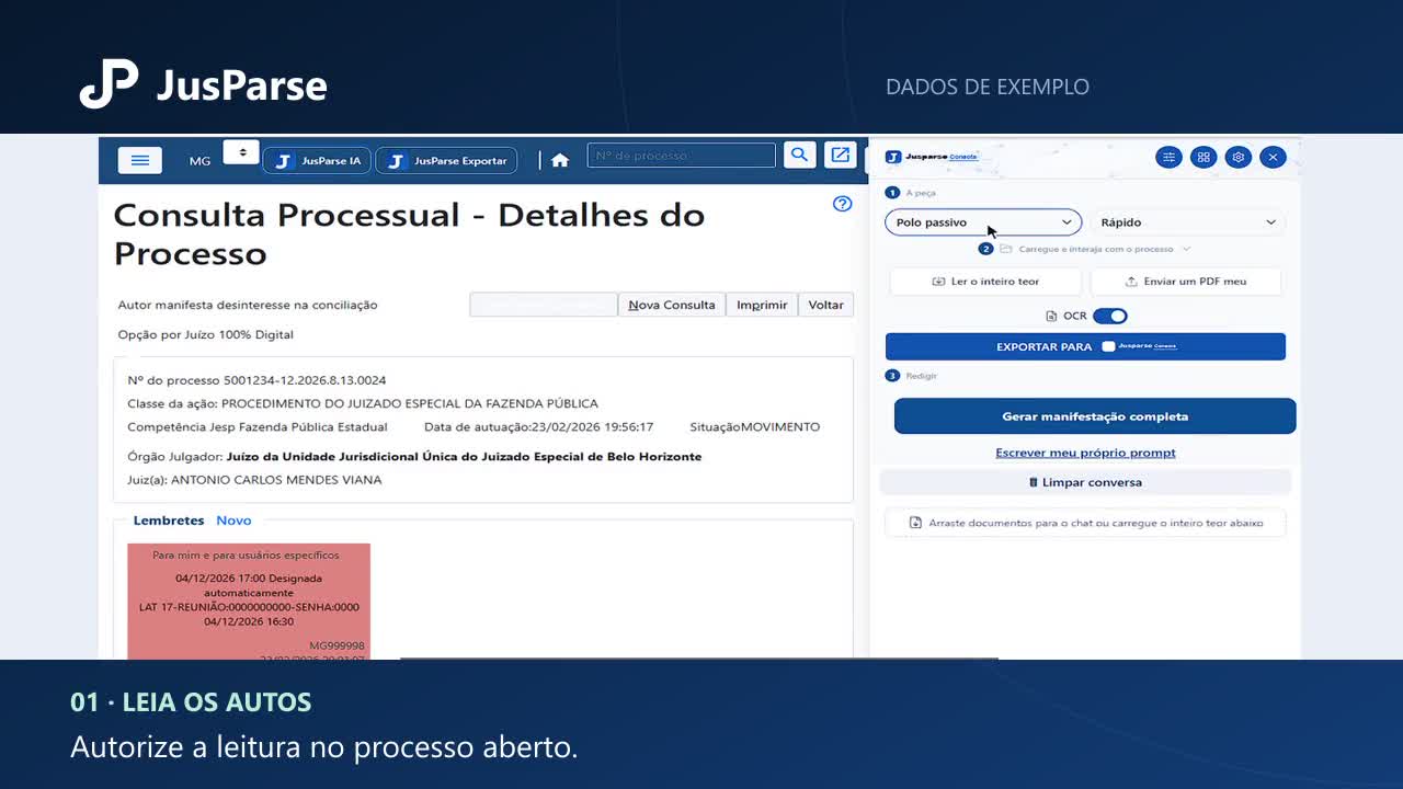 Leitura dos autos no painel JusParse, com dados de exemplo