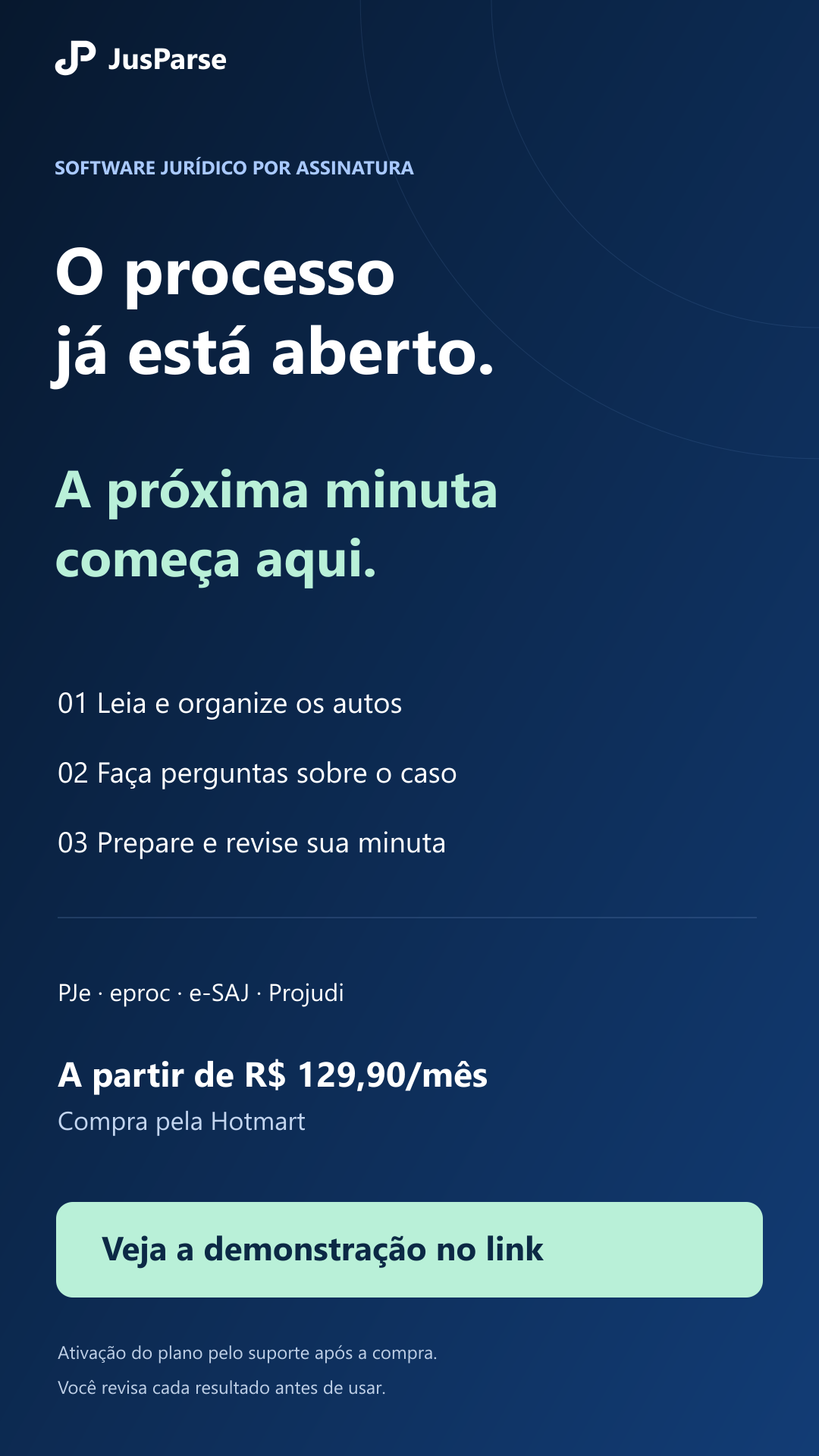 Story JusParse com etapas de leitura, perguntas e minuta